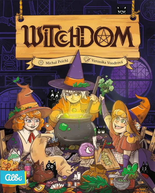 Cover of 'Witchdom' board game with cartoon witches and cats around a cauldron.