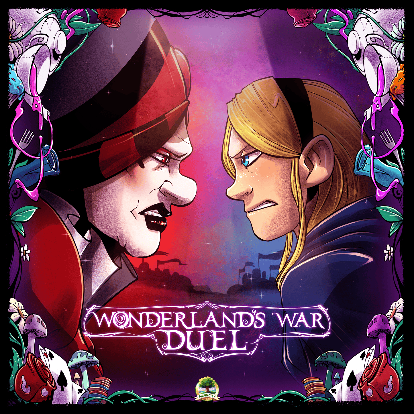Two animated characters facing each other with 'Wonderland's War Duel' text in a decorative frame.