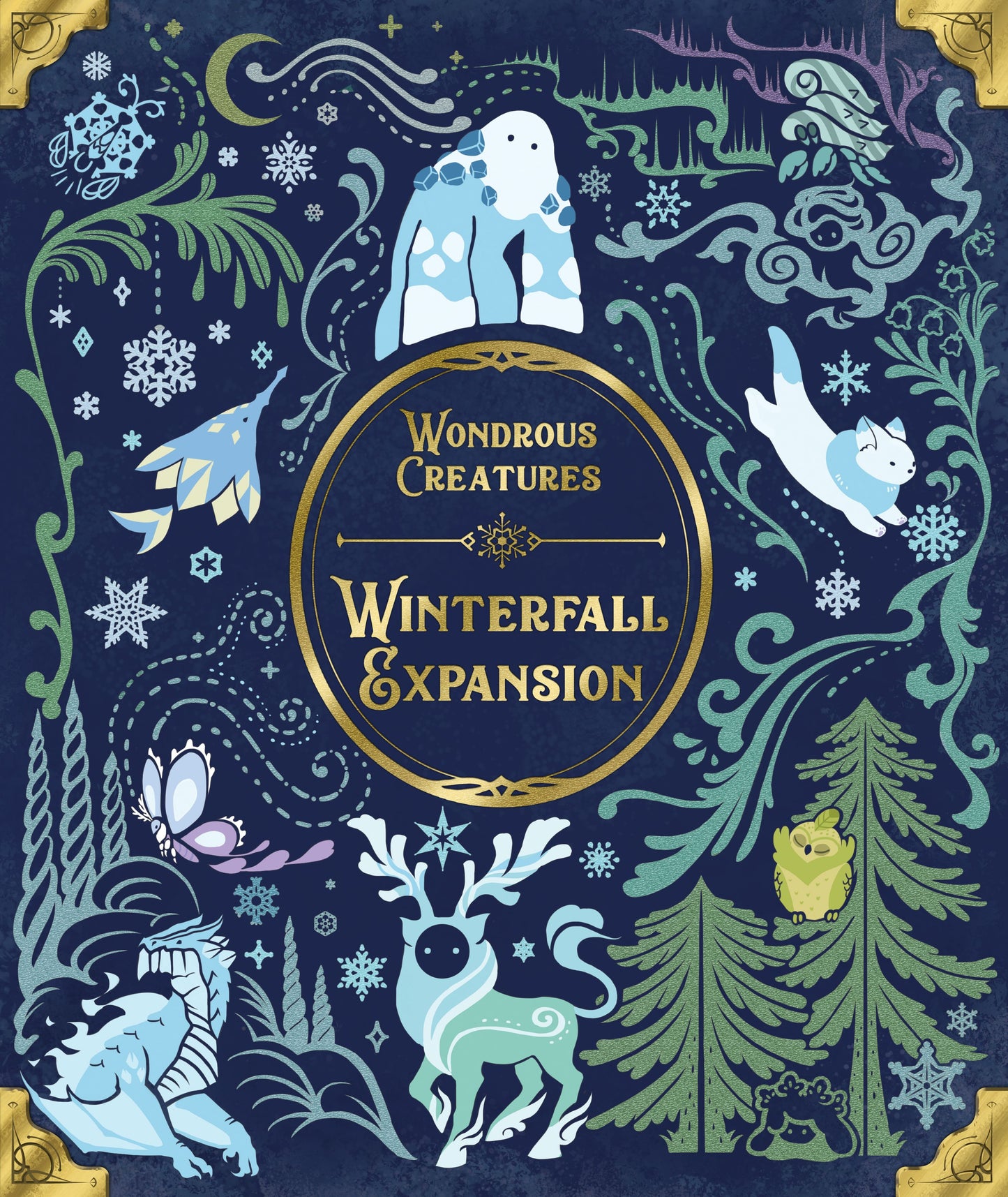 Cover of 'Wondrous Creatures: Winterfall Expansion' with winter-themed illustrations on a dark blue background.