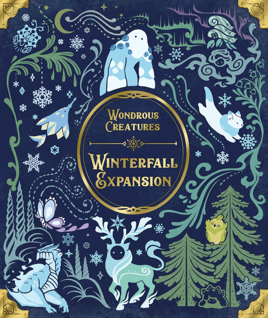Cover of 'Wondrous Creatures: Winterfall Expansion' with winter-themed illustrations on a dark blue background.