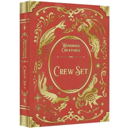 Red book with gold dragon designs and 'Wondrous Creatures Crew Set' text on a white background