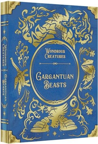 Book cover of 'Gargantuan Beasts' with gold illustrations on a blue background