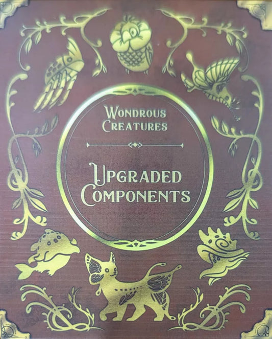 Decorative box with gold illustrations and text on a red background