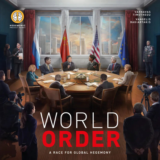 Cover of 'World Order' game showing a meeting table with flags and people, with 'Hegemonic Project Games' branding.