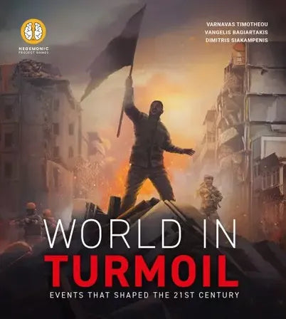 Book cover of 'World in Turmoil' with a person holding a flag in an urban setting.
