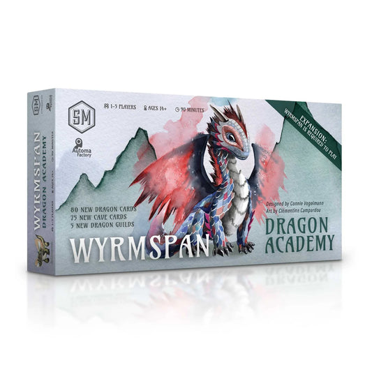 Wyrmspan Dragon Academy game box with dragon illustration on a white background