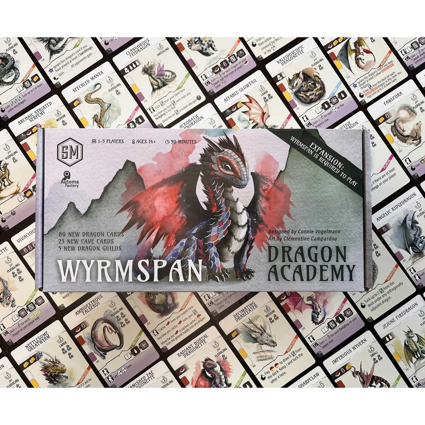 Wyrmspan Dragon Academy card game expansion box on a background of game cards.