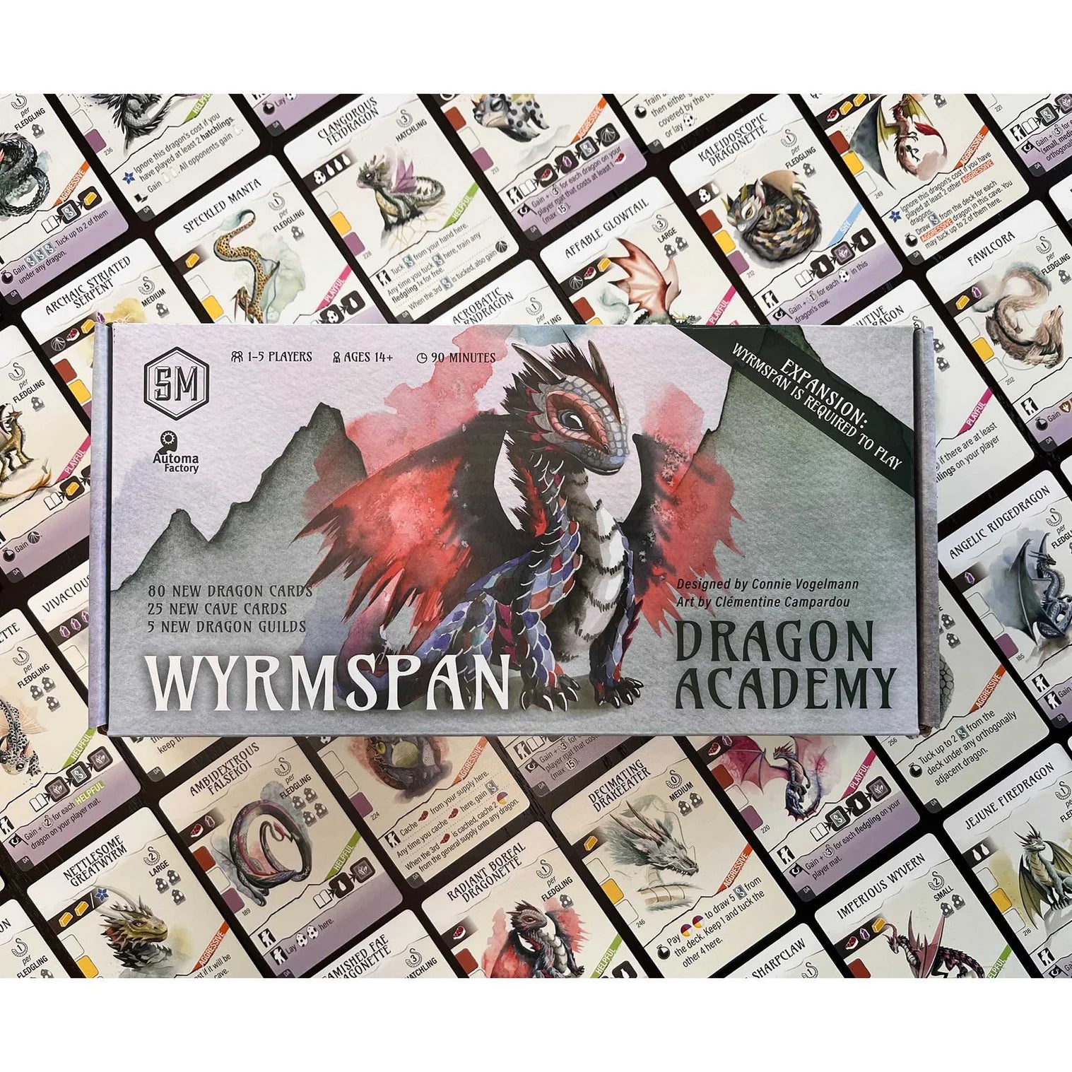 Wyrmspan Dragon Academy card game expansion box on a background of game cards.