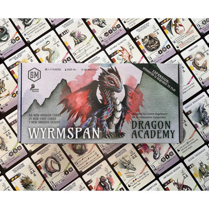 Wyrmspan Dragon Academy card game expansion box on a background of game cards.
