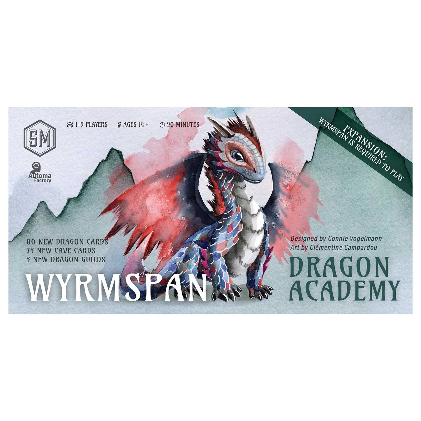 Wyrmspan Dragon Academy game expansion box with dragon illustration on a white background