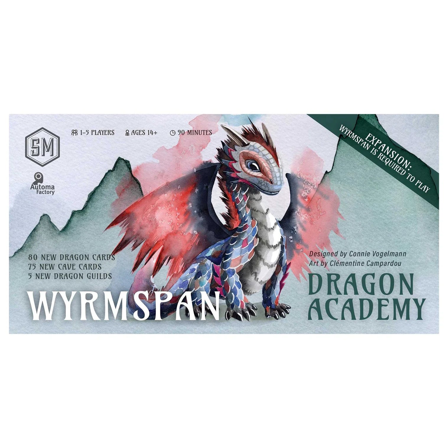 Wyrmspan Dragon Academy game expansion box with dragon illustration on a white background
