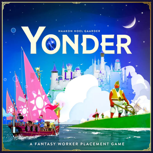 Cover of 'Yonder' board game with a fantasy-themed illustration of a boat, characters, and a castle.