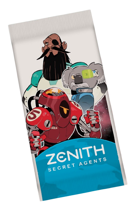 Product packaging with cartoon characters and 'Zenith Secret Agents' branding on a white background