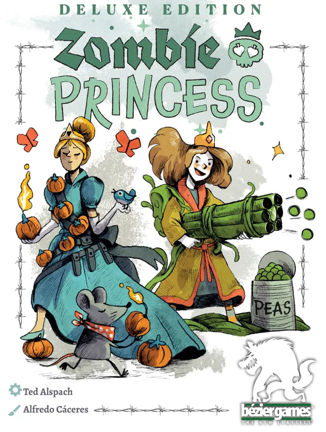 Front cover of the board game 'Zombie Princess Deluxe Edition' by Bezigames, featuring whimsical retro-style illustration of a princess in a blue gown with pumpkins, a warrior with green bomb-like weapons and peas, a small mouse, and decorative title text.