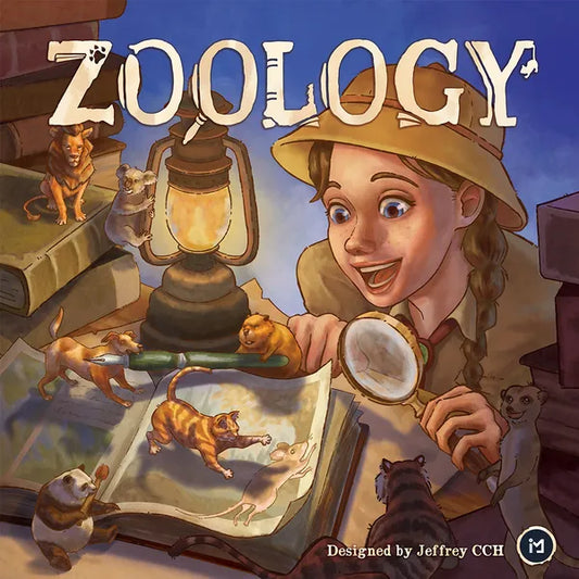 Book cover of 'Zoology' with a person in a safari hat examining animal illustrations through a magnifying glass.