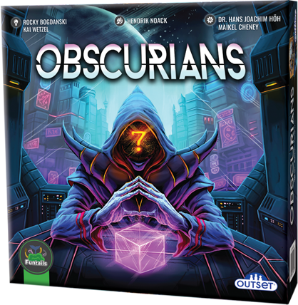 Board game box for 'Obscurians' with a character in a hooded outfit and glowing cube.