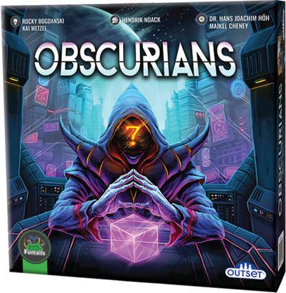 Board game box for 'Obscurians' with a character in a hooded outfit and glowing cube.