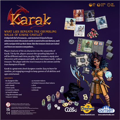 Board game box for 'Karak' with character illustration and game components on a purple background