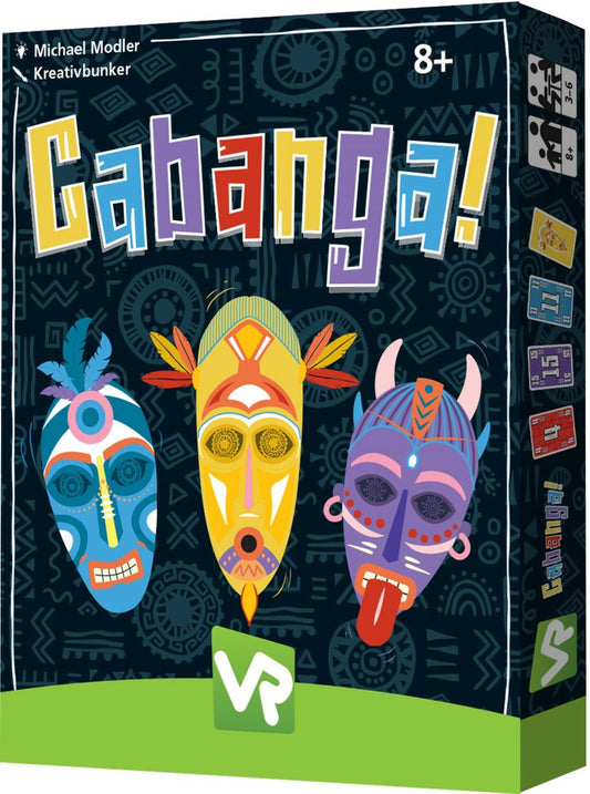 Board game box for 'Cabanga!' with colorful masks on a dark background
