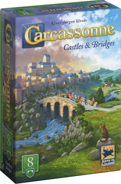 Board game box for 'carcassonne: Castles & Bridges' with a scenic illustration of castles and bridges.