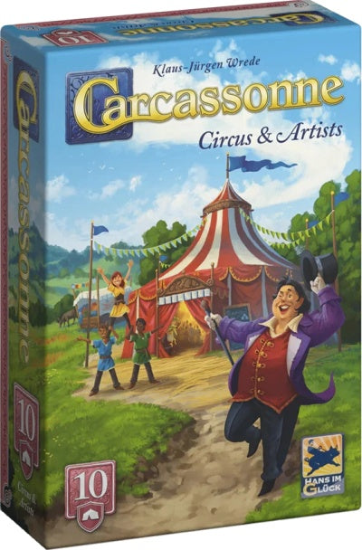 carcassonne Circus & Artists board game box with a colorful circus tent and characters on a blue sky background.