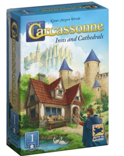 Carcassonne game box with a castle and house illustration on a white background