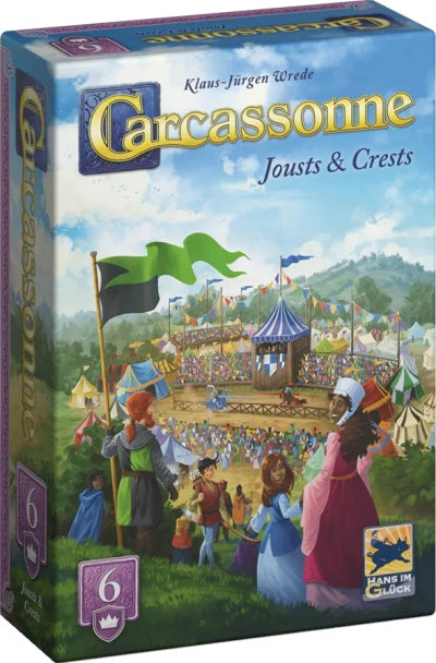 Board game box for 'Carcassonne Jousts & Crests' with colorful illustration of a festival scene.