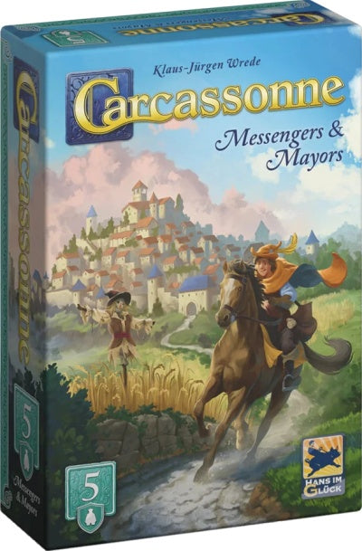 Carcassonne board game box with a horse and rider illustration on a blue background