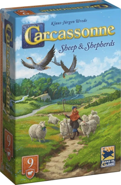 carcassonne board game box with a shepherd and sheep illustration on a colorful background