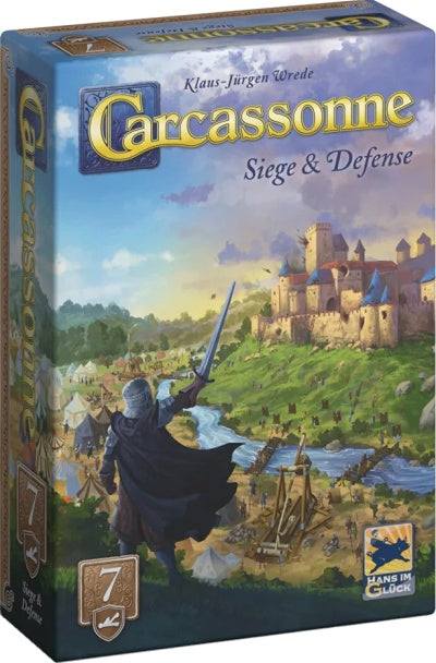 Carcassonne Siege & Defense board game box with castle and warrior illustration
