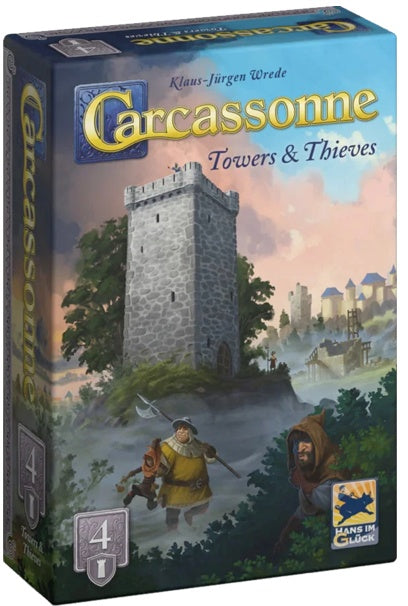 Board game box for 'Carcassonne Towers & Thieves' with a castle and characters on the cover.