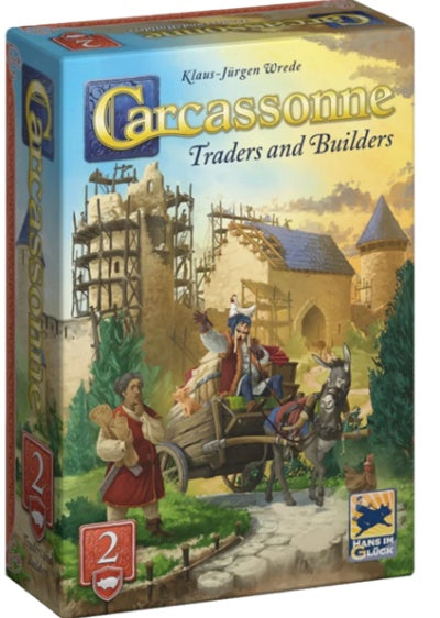 Board game box for 'Carcassonne: Traders and Builders' with illustration of characters and architecture.