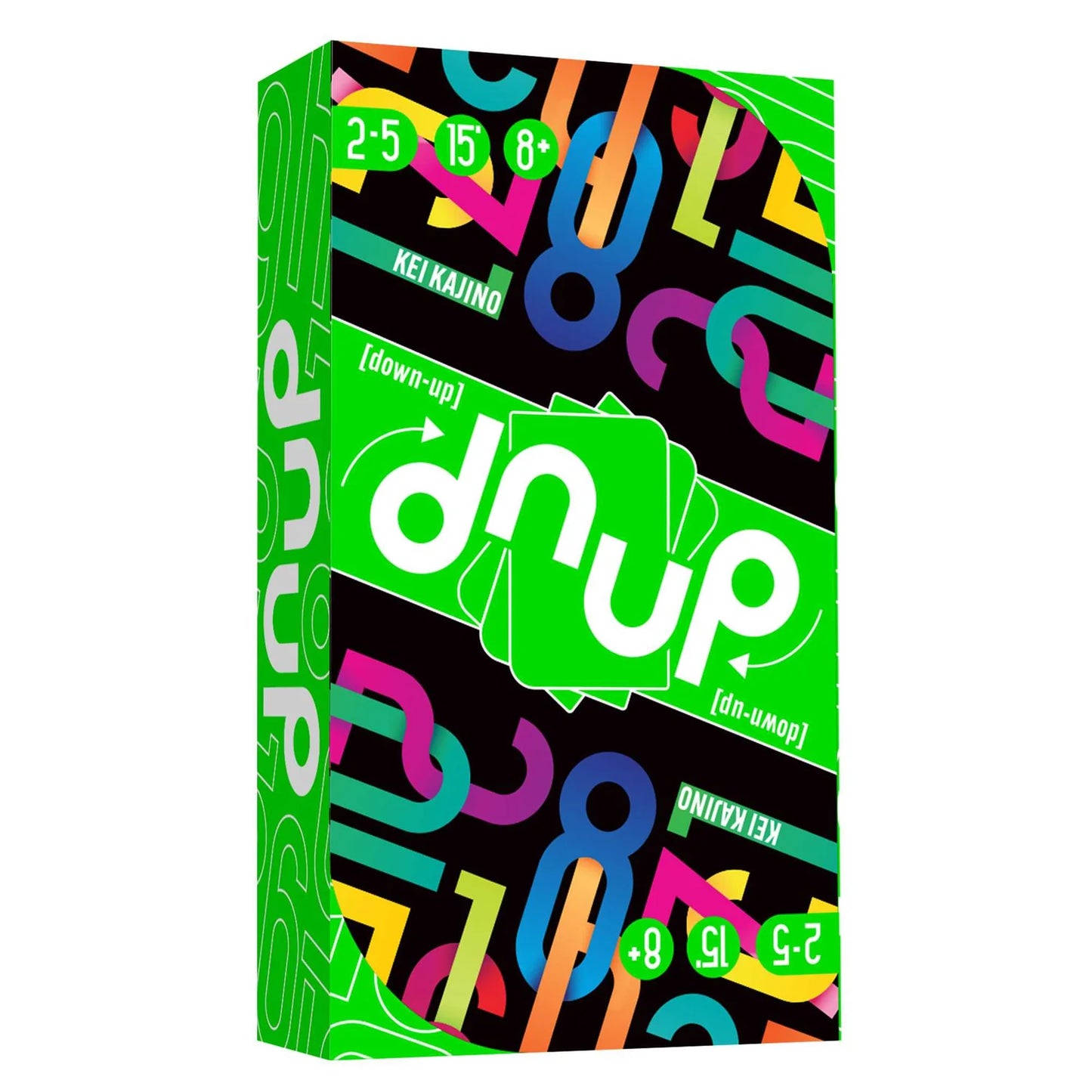 Board game box with colorful design and 'dnup' branding on a white background