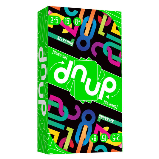 Board game box with colorful design and 'dnup' branding on a white background