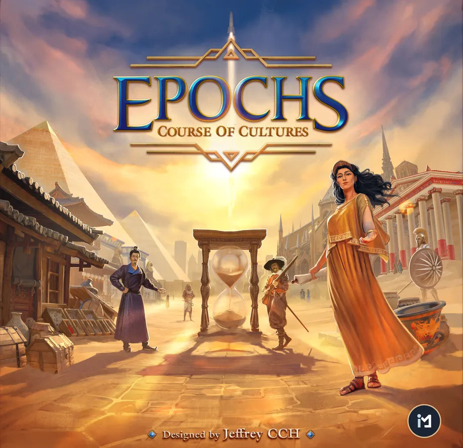 Board game cover titled 'Epochs: Course of Cultures' with characters and architecture in the background.
