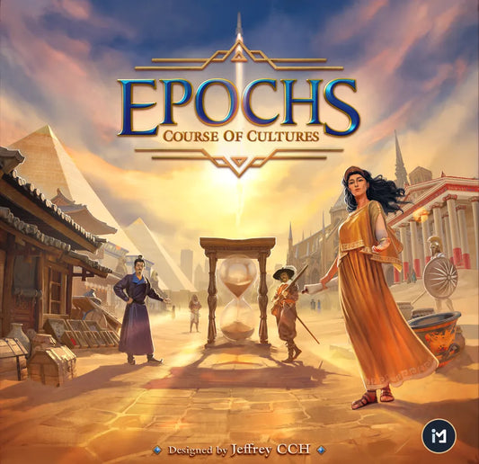 Board game cover titled 'Epochs: Course of Cultures' with characters and architecture in the background.