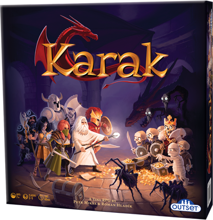 Board game box for 'Karak' with fantasy characters and creatures on a dark background