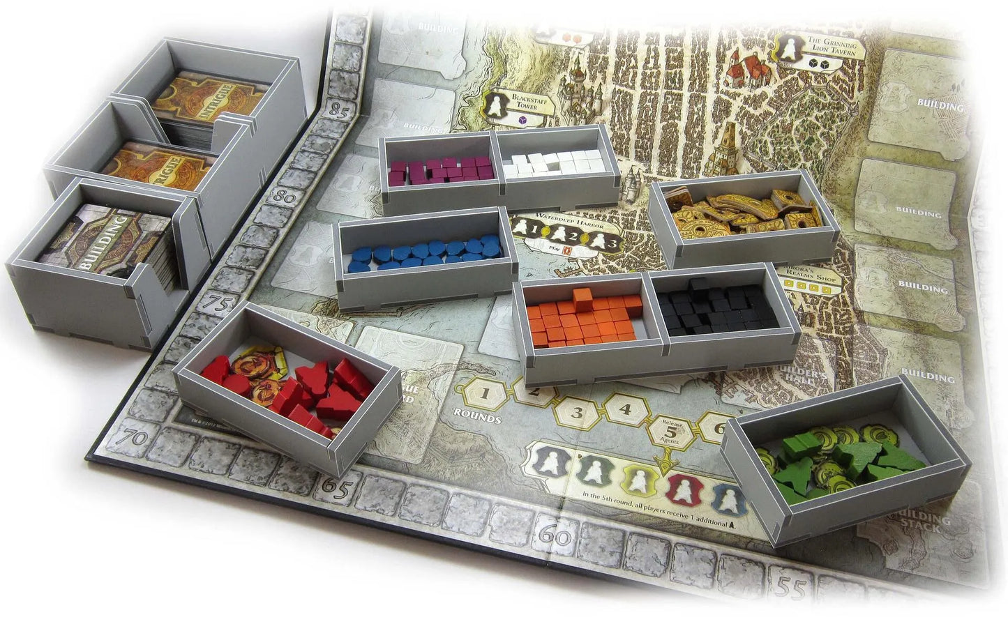 Board game with modular pieces on a map background