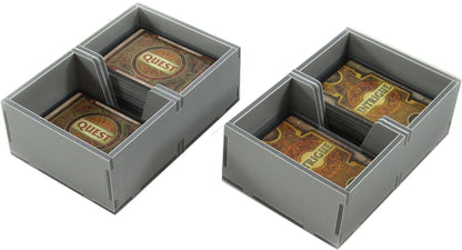 Two gray card storage boxes with 'Quest' branded cards on a white background