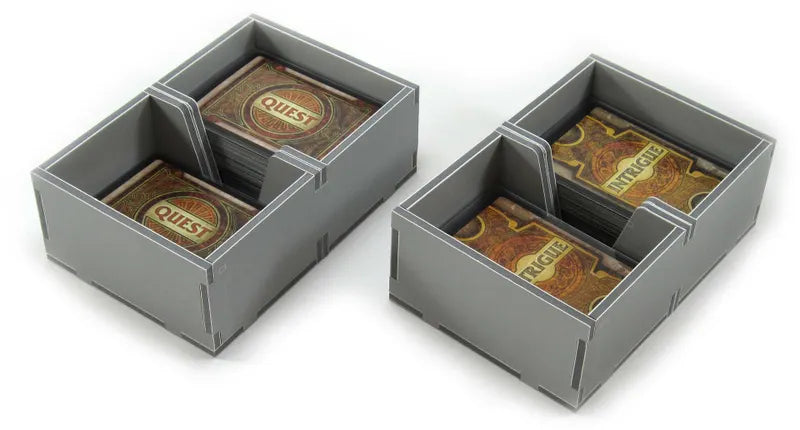 Two gray card storage boxes with brown card inserts on a white background
