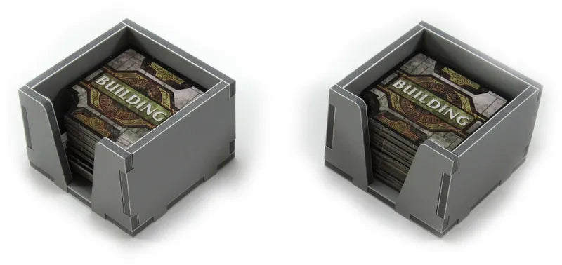 Two gray card storage boxes with 'Building' text on a white background