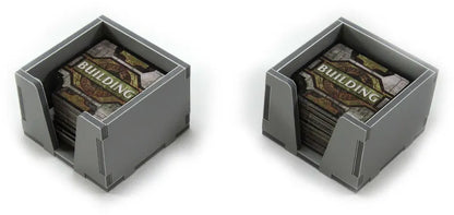 Two gray card storage boxes with 'Building' text on a white background
