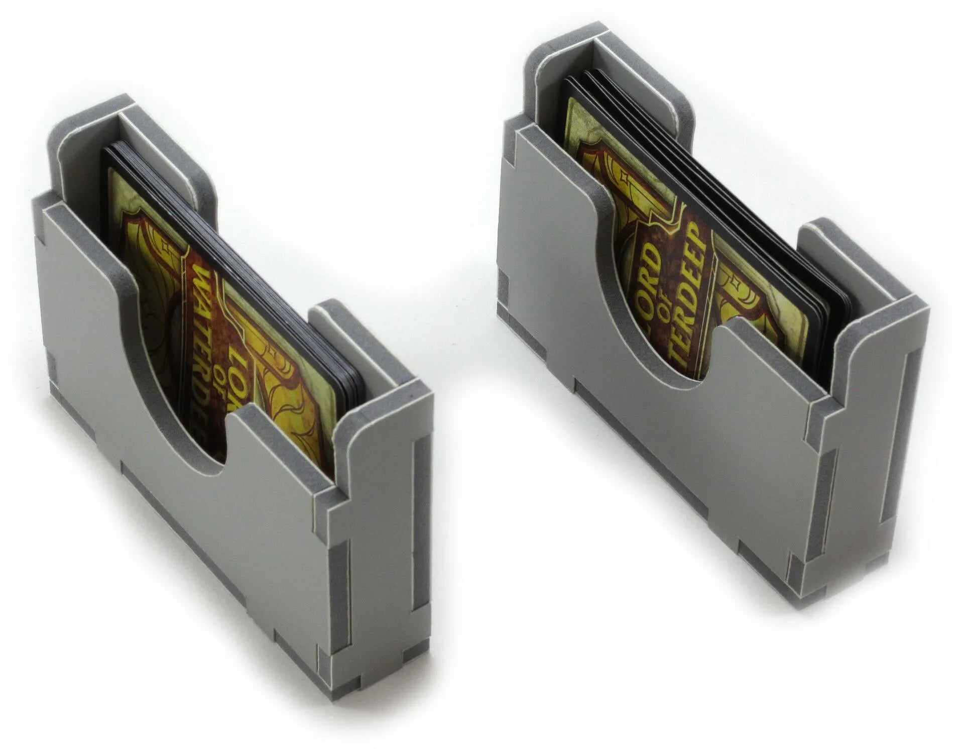 Two gray card holders with cards inside on a white background