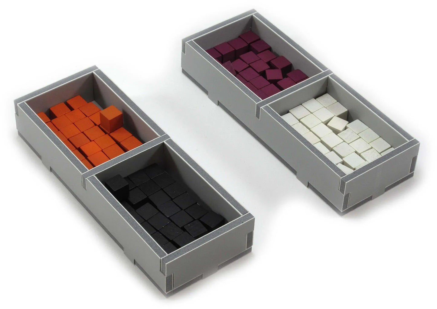 Gray storage bins with colorful blocks on a white background