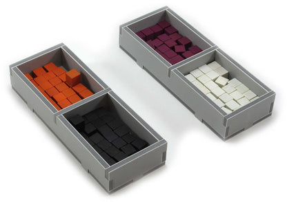 Gray storage bins with colorful blocks on a white background