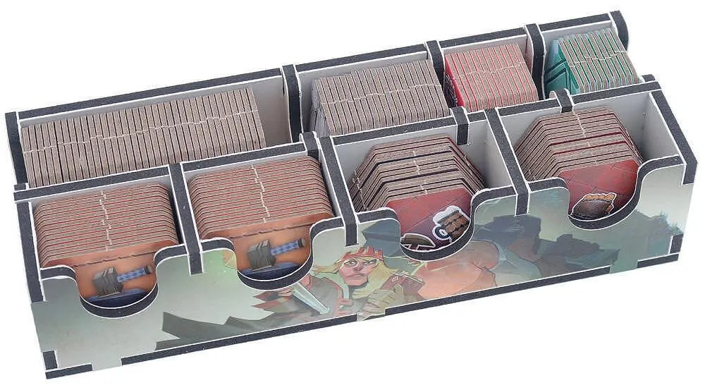Card organizer with compartments holding cards featuring characters and scenes.
