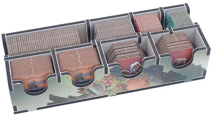 Card organizer with compartments holding cards featuring characters and scenes.