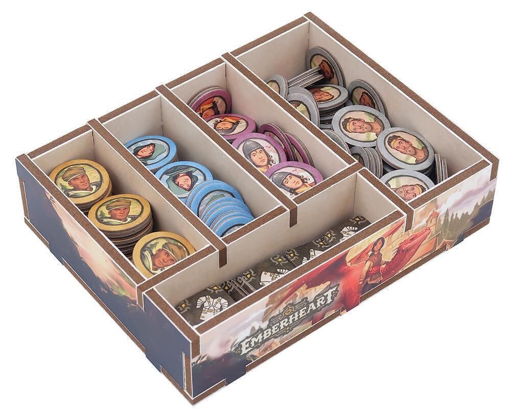 Card game box with compartments containing cards, featuring 'Emberheart' branding.