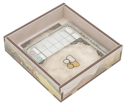 Cardboard box with a game board design on a white background
