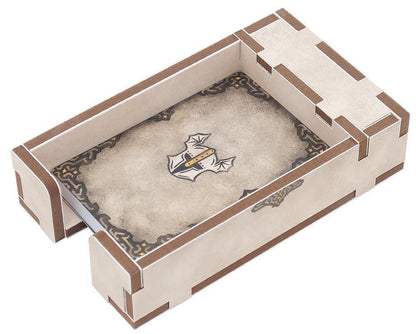 Cardboard game mat with embossed design and logo on a white background
